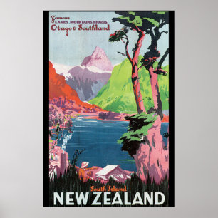 South Island New Zealand Vintage Travel Poster