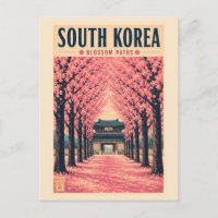 South Korea Cherry Blossom Illustration Travel Art