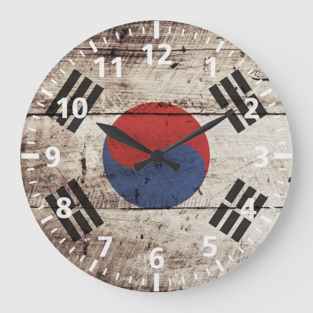 South Korea Flag on Old Wood Grain Large Clock (Front)
