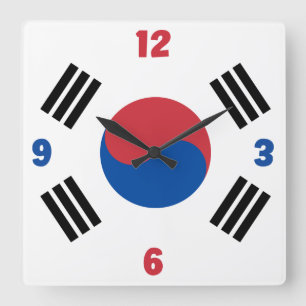 South Korea Flag Red Blue White Numbers Patriotic Square Wall Clock