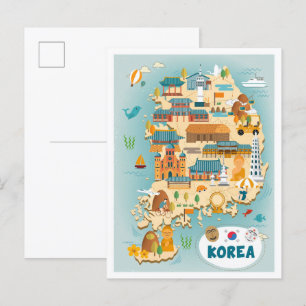 South Korea Map Art Vintage Travel Illustration Postcard