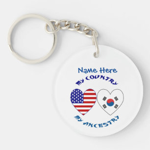 South Korea USA Heart Country Ancestry Personalize Keychain