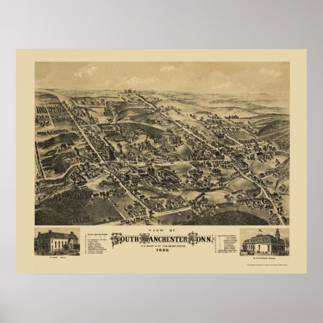 South Manchester, CT Panoramic Map - 1880 Poster (Front)
