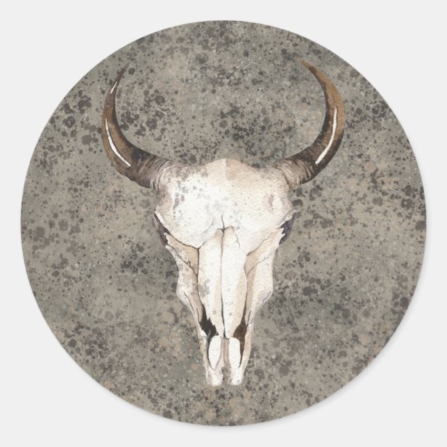 South-West Rustic Ranch Skull Brown Splatter Classic Round Sticker (Front)
