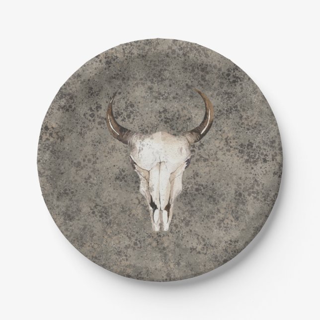 South-West Rustic Ranch Skull Brown Splatter Paper Plate (Front)