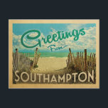 Southampton Beach Vintage Travel Postcard<br><div class="desc">This Greetings From Southampton vintage postcard design features a sandy beach with a beautiful turquoise ocean water and above the sea,  a blue sky with billowy white clouds. In vintage travels style.</div>