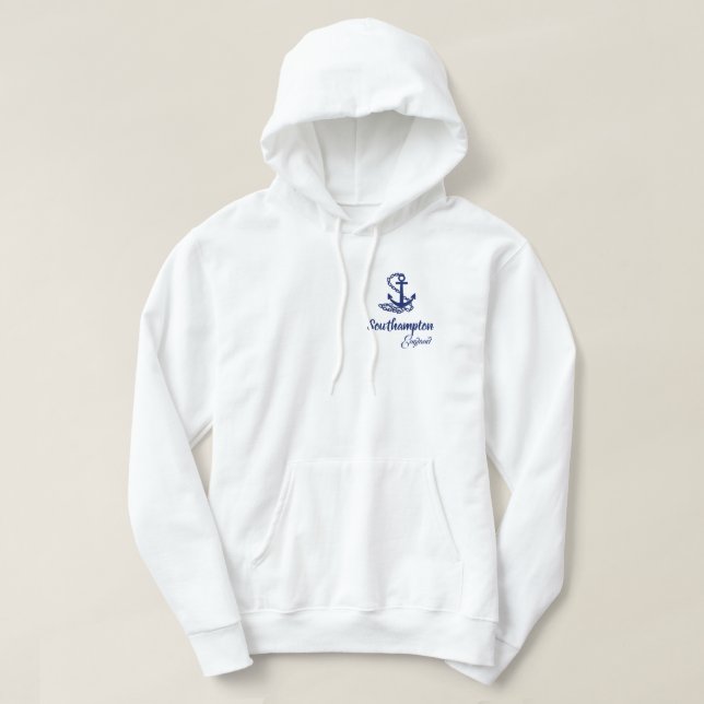 Southampton England, White And Blue Maritime Style Hoodie (Design Front)