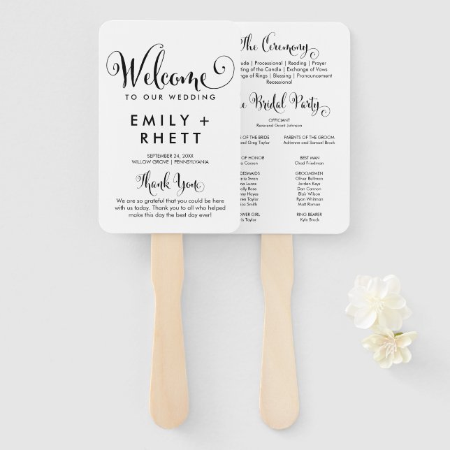 Southern Belle Calligraphy Wedding Program Hand Fan (Front and Back)