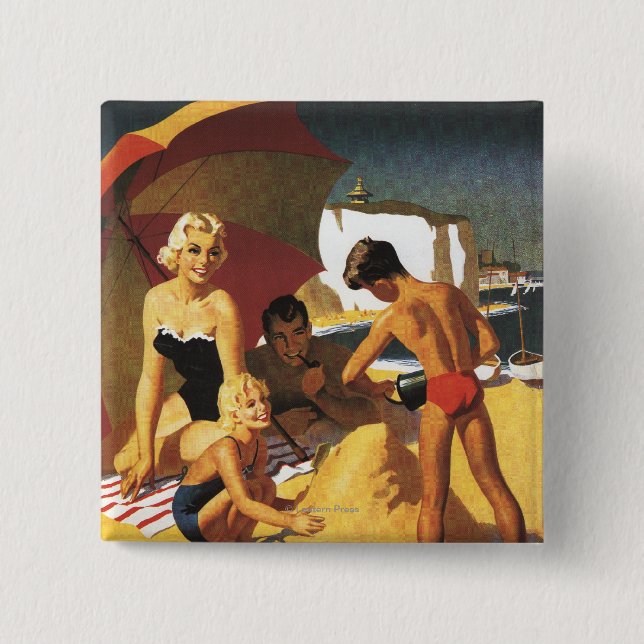 Southern British Railways Family on Beach 2 Inch Square Button (Front)