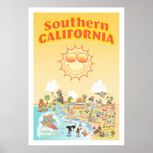 Southern California Cartoon Map Poster