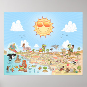 Southern California Cartoon Map Poster