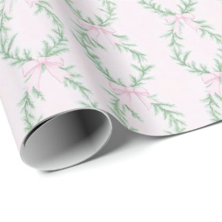 Southern Coastal Grandmillennial Pink Bow Wreath Wrapping Paper