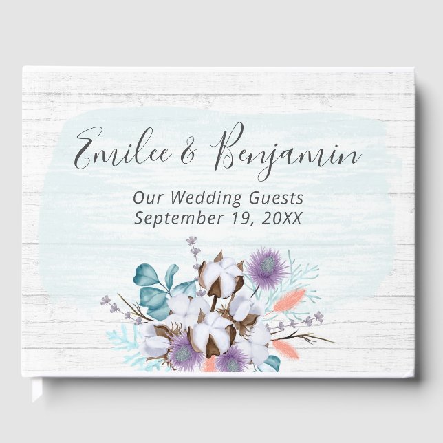 Southern Country Cotton Boll Rustic Wood Wedding Guest Book (Front)
