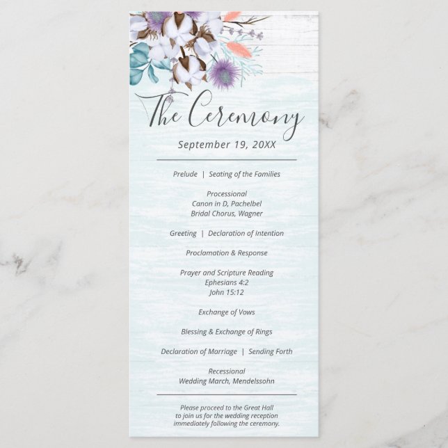 Southern Country Cotton Boll Rustic Wood Wedding Program (Front)