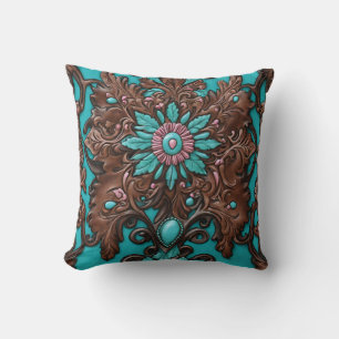 Southern Cowgirl Brown Turquoise Western Country Throw Pillow