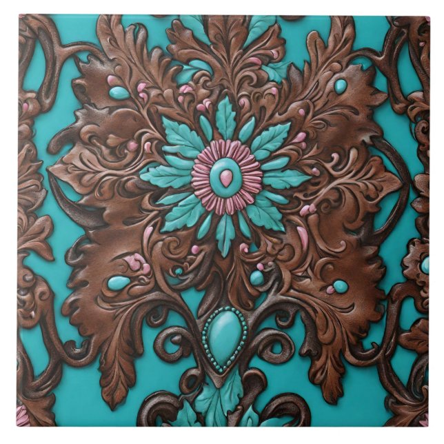 Southern Cowgirl Brown Turquoise Western Country  Tile (Front)