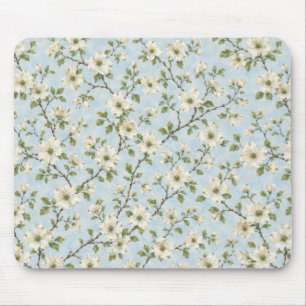 Southern Dogwood Blossom Pattern on Soft Blue Mouse Pad