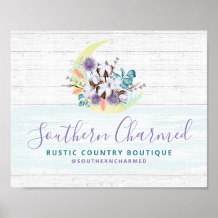 Southern Floral Cotton Moon & Rustic Wood Country Poster