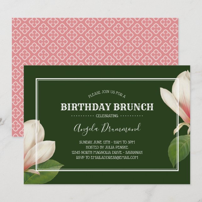 Southern Magnolia Birthday Brunch Green Invitation (Front/Back)