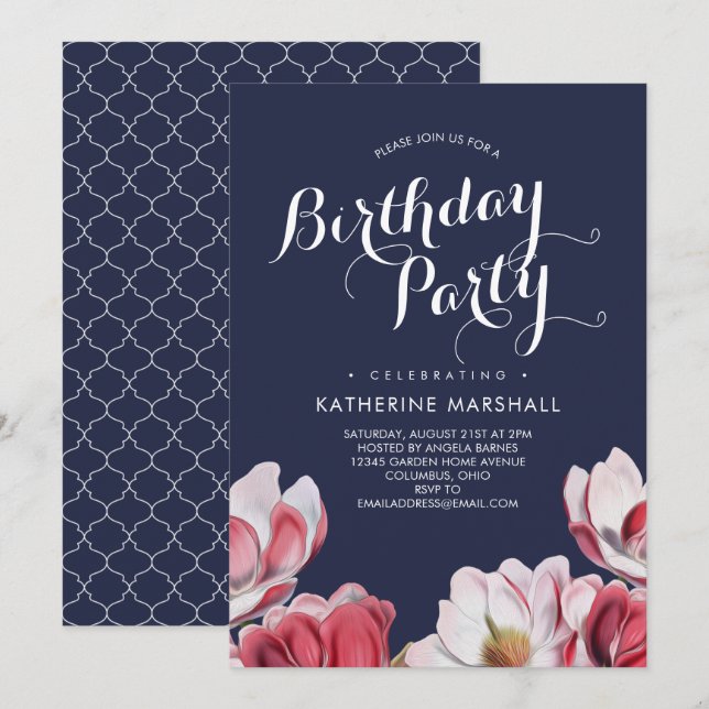 Southern Magnolia Birthday Party Midnight Blue Invitation (Front/Back)