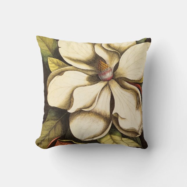 Southern Magnolia Blossom Vintage Throw Pillow (Front)