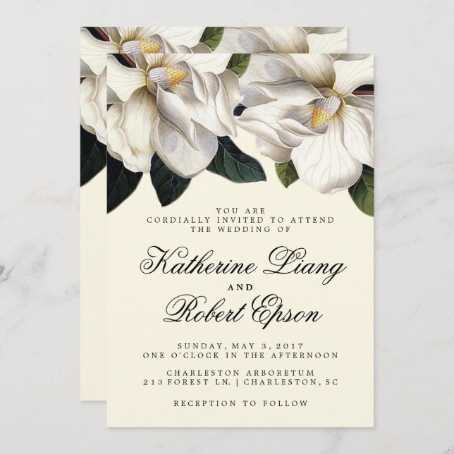 Southern Magnolia Botanical Wedding Invitation (Front/Back)
