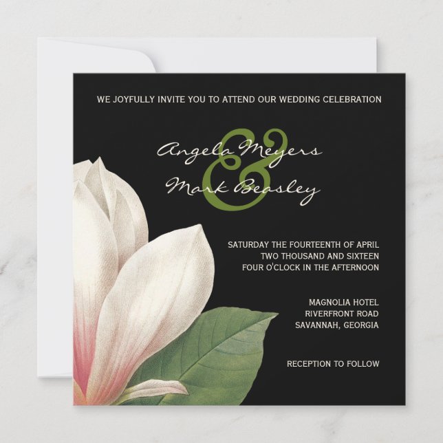 Southern Magnolia Flower Wedding | Elegant Black Invitation (Front)