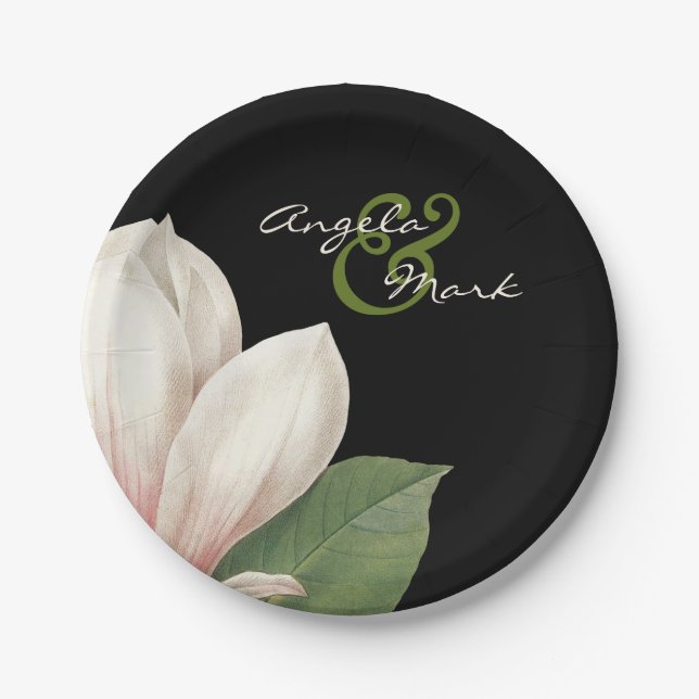 Southern Magnolia Flower Wedding | Elegant Black Paper Plate (Front)