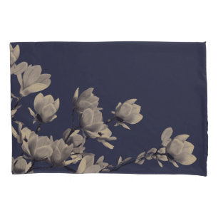 Southern Magnolia Flowers & Midnight Navy Blue Pillowcase