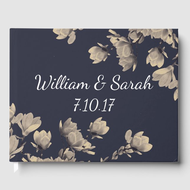 Southern Magnolias & Midnight Blue Couple's Names Guest Book (Front)