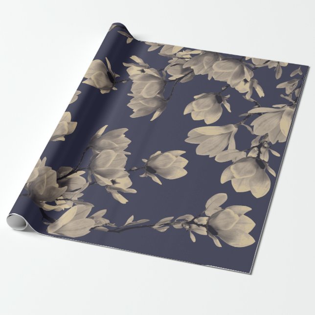 Southern Magnolias & Midnight Blue Wrapping Paper (Unrolled)