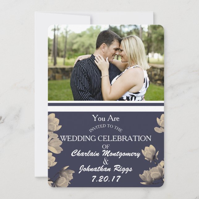 Southern Magnolias Photo & Midnight Blue Wedding Save The Date (Front)