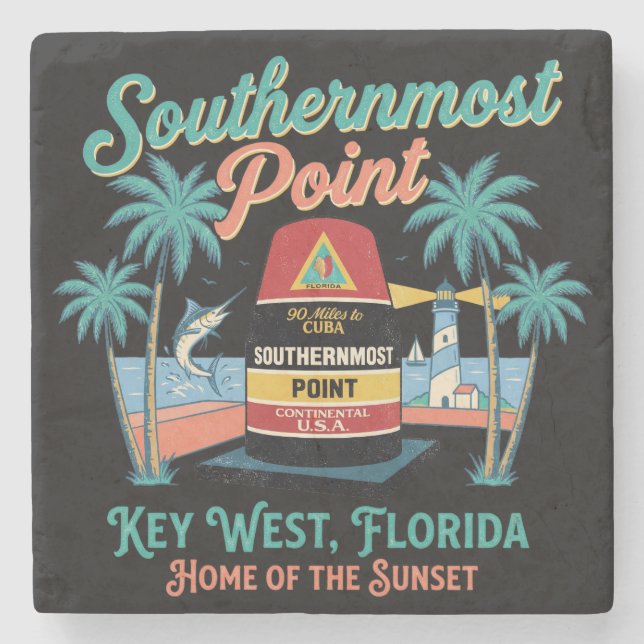 Southern Most Point Key West Retro Tropical Vibe Stone Coaster (Front)