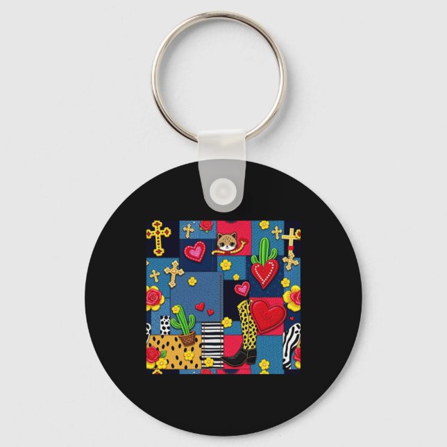 Southern Patchwork Print Sticker  Keychain (Front)