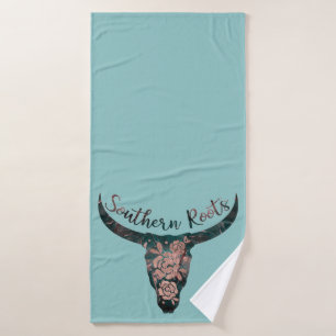 Southern Roots Country Longhorn Pink Rose & Green Bath Towel Set