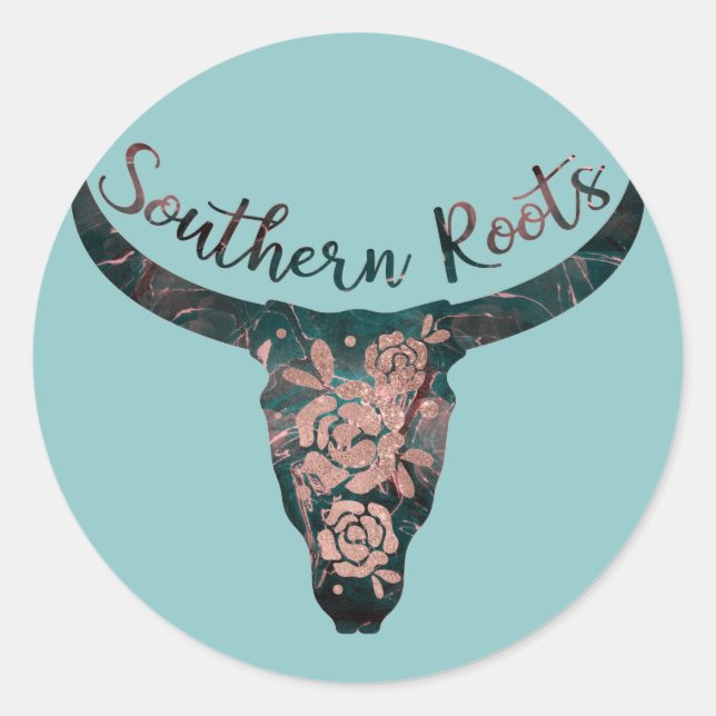 Southern Roots Country Longhorn Pink Rose & Green Classic Round Sticker (Front)
