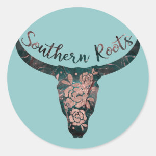Southern Roots Country Longhorn Pink Rose & Green Classic Round Sticker