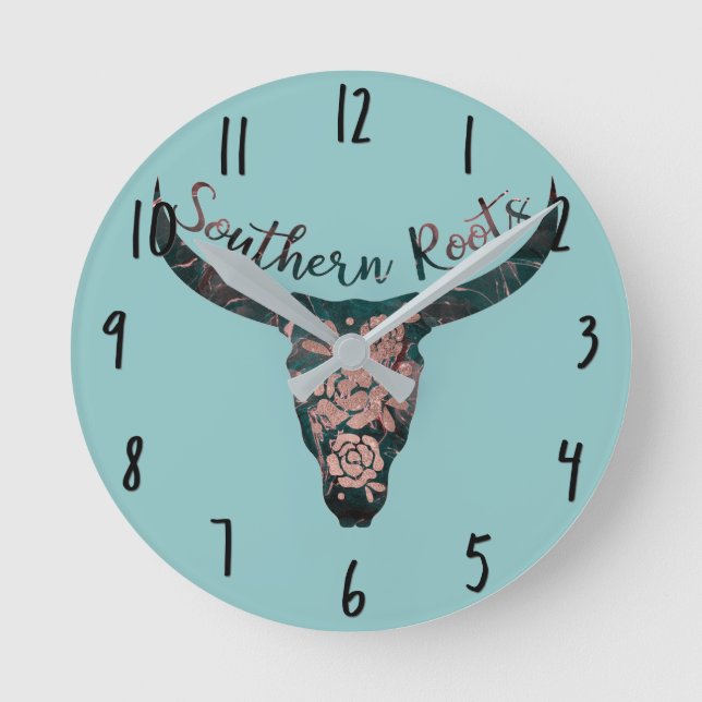 Southern Roots Country Longhorn Pink Rose & Green Round Clock (Front)