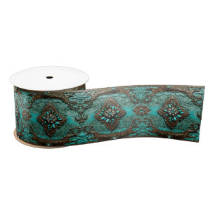 Southern Turquoise Brown Western Country Floral Satin Ribbon