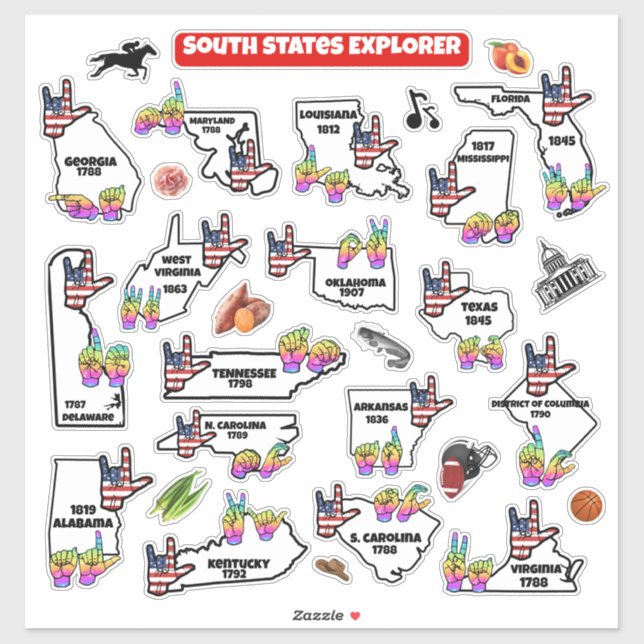 Southern U.S. Region – Educational Sticker Map (Feuille)