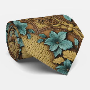 Southern Western Country Beige Turquoise Floral Tie