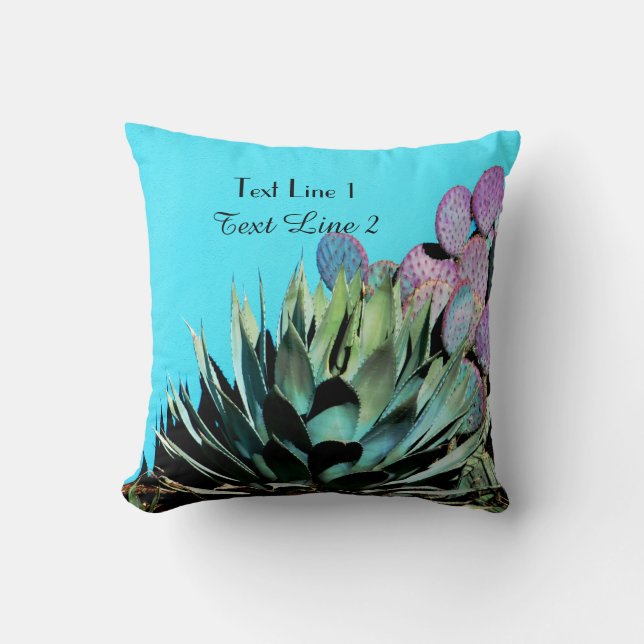 Southwest Agave and Purple Cactus on Turquoise Throw Pillow (Front)