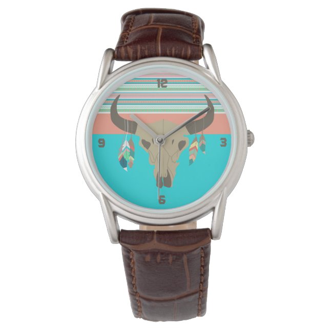 Southwest Bull Skull and Feathers  Watch (Front)