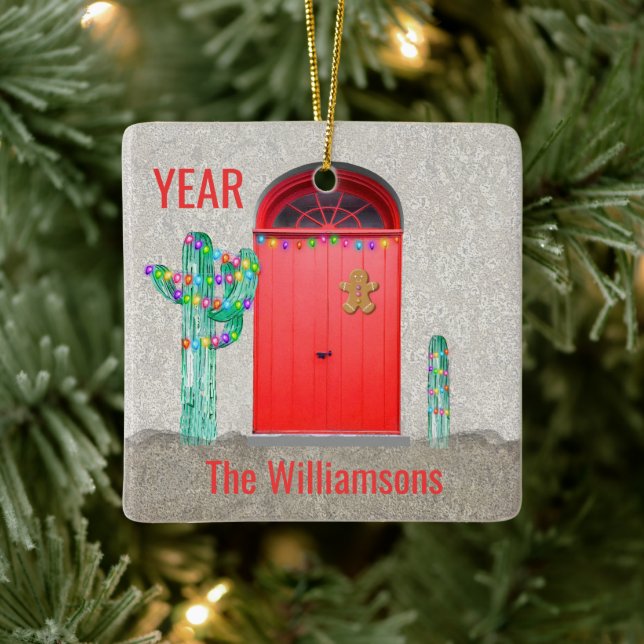 Southwest Cactus Christmas Lights Red Door Ceramic Ornament (Tree)