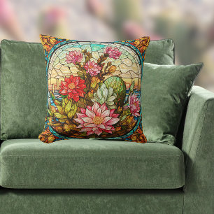 Southwest Cactus n Pink Flowers Faux Stained Glass Throw Pillow