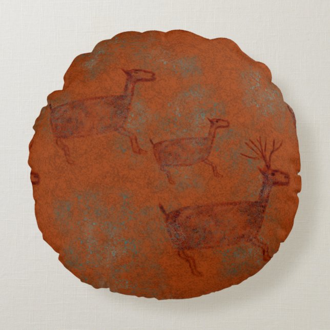 Southwest Canyons Copper Coloured Deer Petroglyphs Round Pillow (Front)