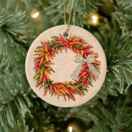 Southwest Chile Ristra Wreath on Adobe Wall Ceramic Ornament