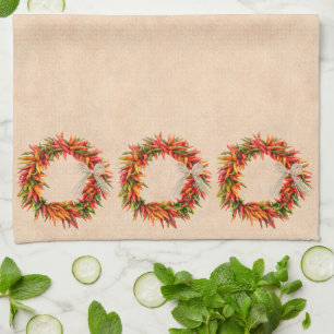 Southwest Chile Ristra Wreath on Adobe Wall Kitchen Towel
