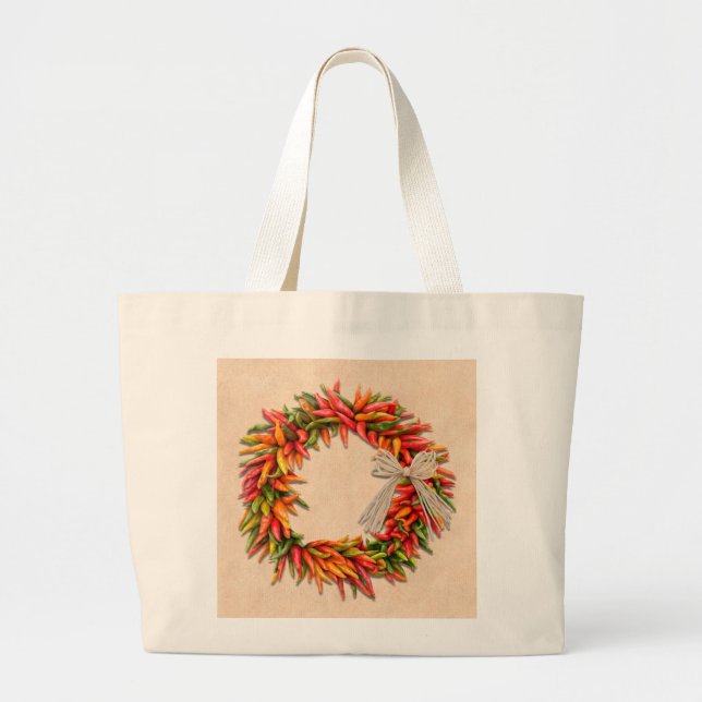Southwest Chile Ristra Wreath on Adobe Wall Large Tote Bag (Front)