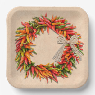 Southwest Chile Ristra Wreath on Adobe Wall Paper Plate